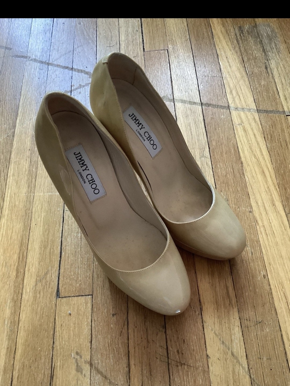 Jimmy Choo Ladies Size 7 Beige Patent Leather Closed Toe Heels,Italy,Light Wear